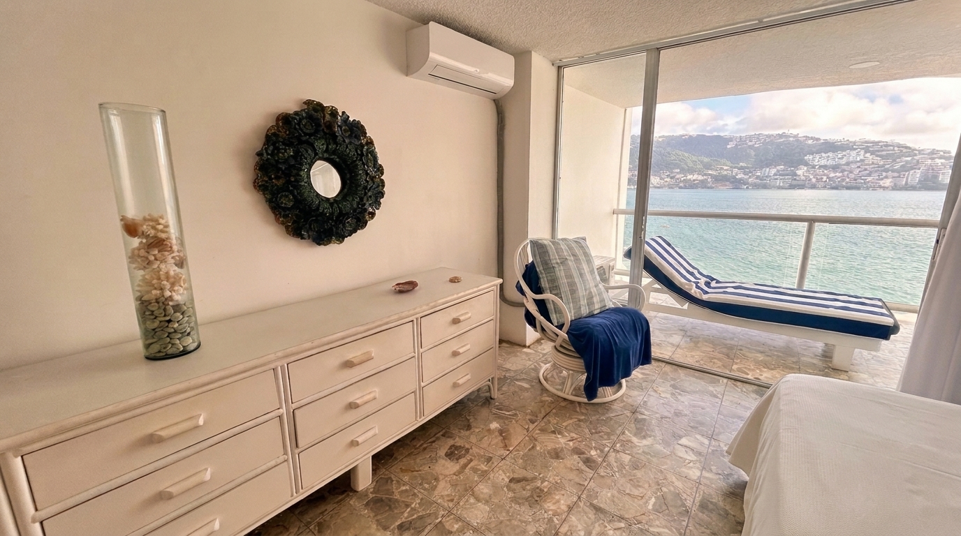 A bedroom with a balcony over the Pacific